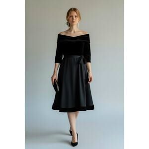 Vintage Citrine Velvet Satin Mixed Media Off Shoulder Belted Black Dress Size 14